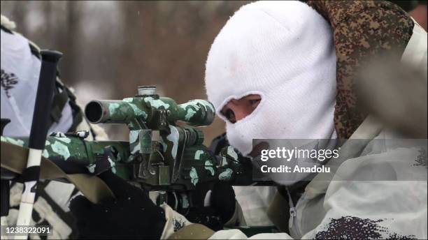 Western Military District sniper soldiers are seen during the tactical drill in Tambov Oblast , Russia on February 09, 2022.