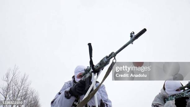 Western Military District sniper soldiers are seen during the tactical drill in Tambov Oblast , Russia on February 09, 2022.