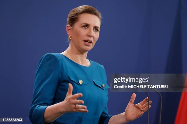 Danish Prime Minister Mette Frederiksen gesticulates as she speaks during a joint press conference with German Chancellor following talks at the...