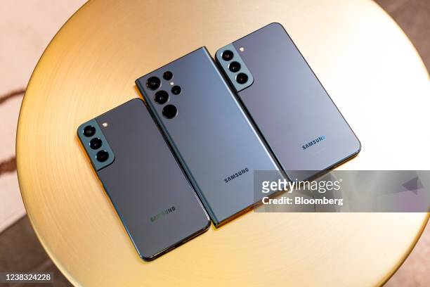 Samsung Galaxy S22, from left, S22 Ultra, and Galaxy S22+ Ultra 5G smartphone ahead of the Samsung Unpacked event in San Francisco, California, U.S.,...