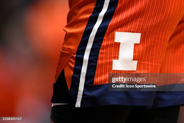 An Illinois logo is seen on the shorts of a player during the college basketball game between the Illinois Fighting Illini and the Purdue...