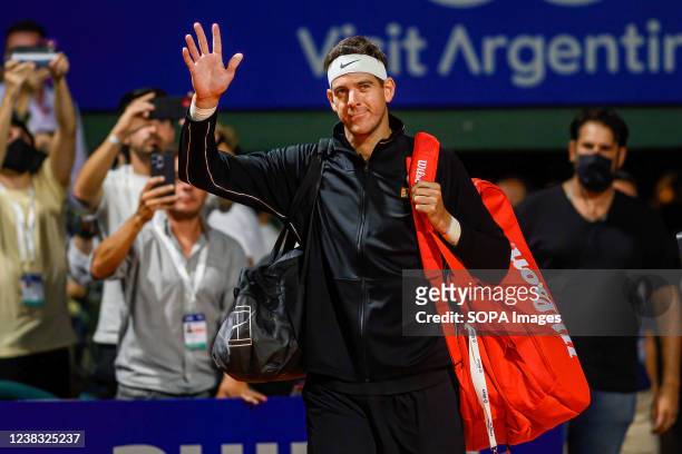 Juan Martin Del Potro of Argentina greets the fans before a match against Federico Delbonis of Argentina at Guillermo Vilas Stadium. Federico...