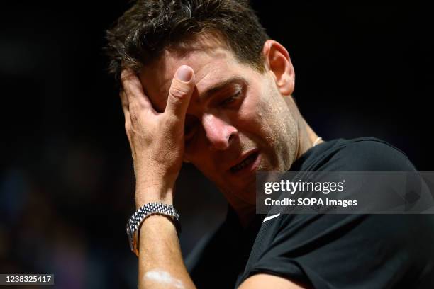 Juan Martin Del Potro cries after an Argentina Open tennis match against Federico Delbonis at Guillermo Vilas Stadium. Federico Delbonis won 6-1/6-3.