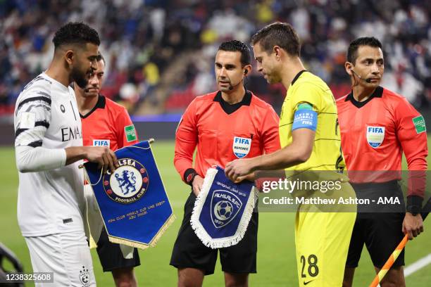Team captains Abdullah Al-Mayouf of Al Hilal SFC and Cesar Azpilicueta of Chelsea swap team match day pennants during the FIFA Club World Cup UAE...