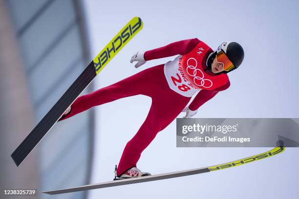 Eero Hirvonen of Finland in action competes during the men´s nordic combined ski jumping during the Beijing 2022 Winter Olympics at The National...