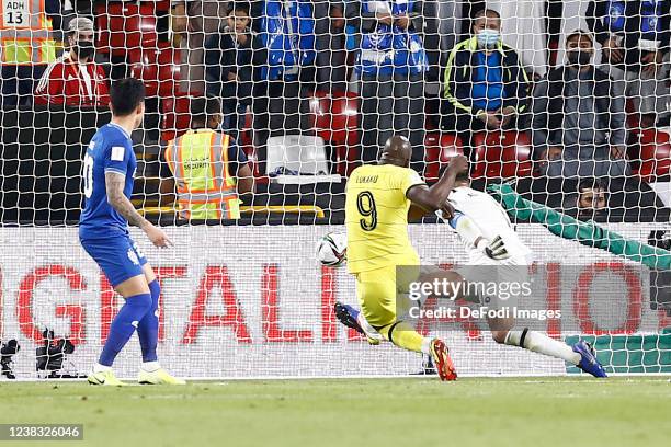 Romelu Lukaku of Chelsea FC scores his team's first goal during the FIFA Club World Cup UAE 2021 Semi Final match between Hilal and Chelsea FC at...