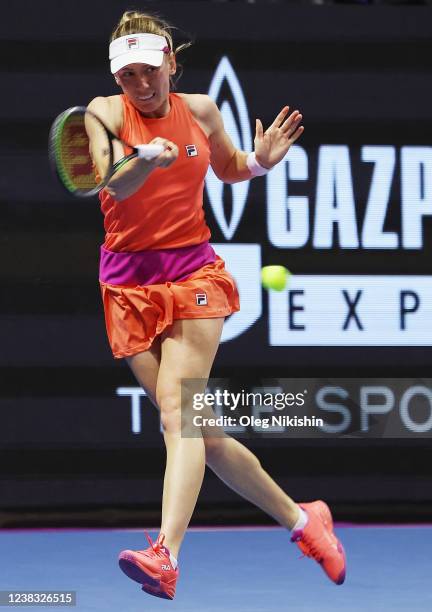 Ekaterina Alexandrova of Russia plays a shot against Maria Sakkari of Grece during the round of 16 match on Day Three of the WTA St. Petersburg...