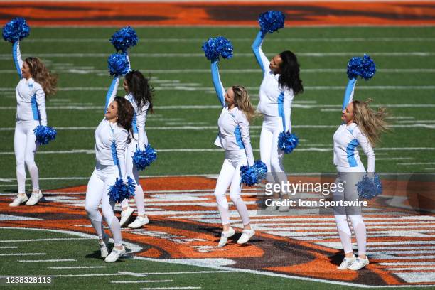 The Detroit Lions cheerleaders perform during the Reese's Senior Bowl on February 5, 2022 at Hancock Whitney Stadium in Mobile, Alabama.
