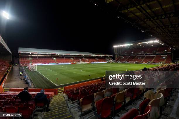 General view of Pittodrie Stadium prior to the Cinch Scottish Premiership match between Aberdeen FC and Celtic FC at Pittodrie Stadium on February 9,...