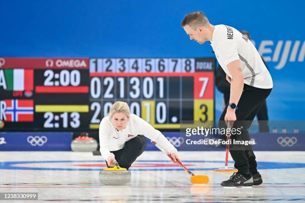 Magnus Nedregotten of Norway and Kristin Skaslien of Norway in action at the Mixed Doubles Gold Medal Game Results - Olympic Curling - Italy vs...