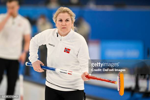Kristin Skaslien of Norway looks on at the Mixed Doubles Gold Medal Game Results - Olympic Curling - Italy vs Norway during the Beijing 2022 Winter...
