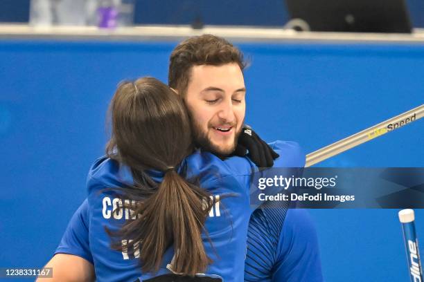 Amos Mosaner of Italy and Stefania Constantini of Italy celebrates at the Mixed Doubles Gold Medal Game Results - Olympic Curling - Italy vs Norway...