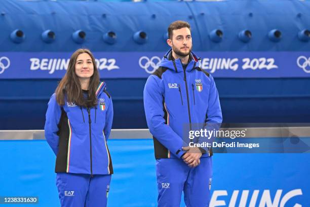 Amos Mosaner of Italy and Stefania Constantini of Italy look on after the Mixed Doubles Gold Medal Game Results - Olympic Curling - Italy vs Norway...