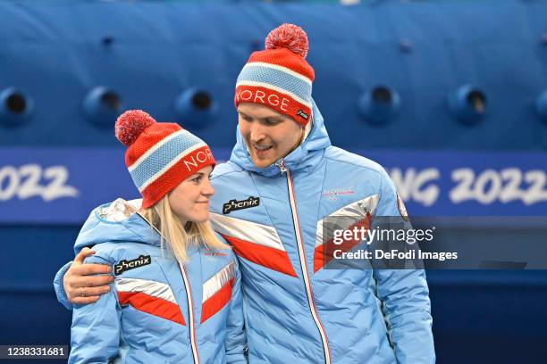 Magnus Nedregotten of Norway and Kristin Skaslien of Norway look on after the Mixed Doubles Gold Medal Game Results - Olympic Curling - Italy vs...