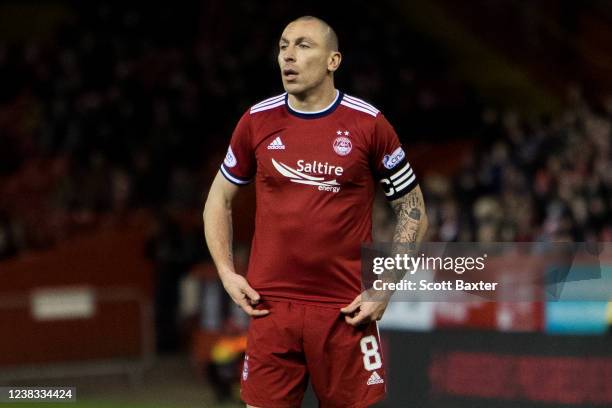 Scott Brown of Aberdeen looks on during the Cinch Scottish Premiership match between Aberdeen FC and Celtic FC at Pittodrie Stadium on February 9,...