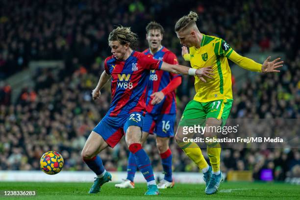 Conor Gallagher of Crystal Palace and Przemyslaw Placheta of Norwich City during the Premier League match between Norwich City and Crystal Palace at...