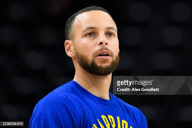 Stephen Curry of the Golden State Warriors warms up before a game against the Utah Jazz at Vivint Smart Home Arena on February 09, 2022 in Salt Lake...