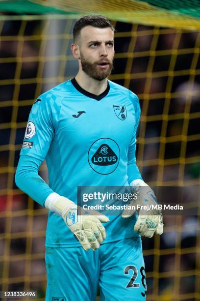 Angus Gunn of Norwich City during the Premier League match between Norwich City and Crystal Palace at Carrow Road on February 9, 2022 in Norwich,...