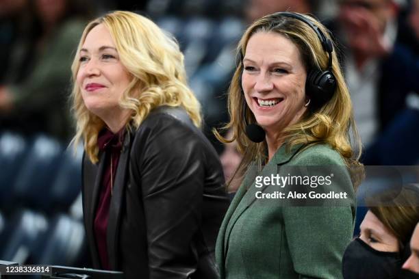 S Doris Burke Beth Mowins look on before a game between the Utah Jazz and Golden State Warriors at Vivint Smart Home Arena on February 09, 2022 in...