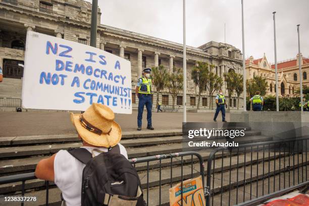 Hundreds of people gather outside Parliament to protest against the mandatory COVID-19 vaccination for the third day, Wellington, New Zealand on...