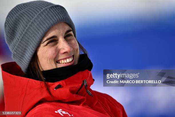 Silver medallist Spain's Queralt Castellet poses on the podium during the venue ceremony after the snowboard women's halfpipe final run during the...