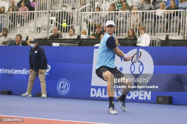 Kevin Anderson hits a backhand during the Dallas Open on February 9, 2022 at the Styslinger/Altec Tennis Complex in Dallas, TX.
