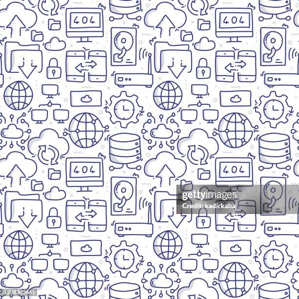 cloud data security doodle seamless pattern and line icons - system admin stock illustrations