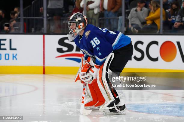 John Gibson Anaheim Ducks goalie watches the action the Honda NHL All-Star game on February 5, 2022 at T-Mobile Arena in Las Vegas, Nevada.