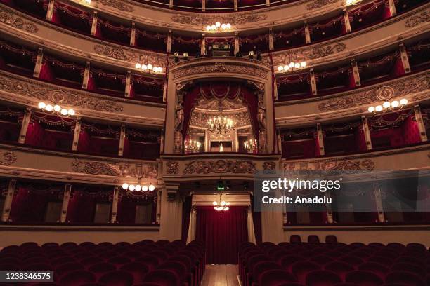 Balconies and the Crown Lodge over the theatre foyer before the rehearsal of the opera at La Scala Theatre of Milano, Italy on February 08, 2022. The...