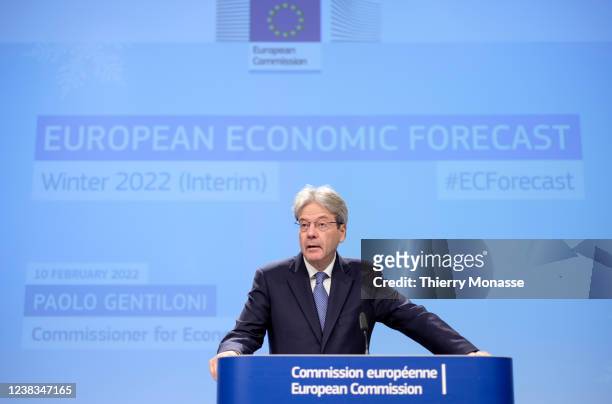 European Commissioner for Economy Paolo Gentiloni Silveri is talking to media about the EU Winter economy forecast in the Berlaymont, the EU...