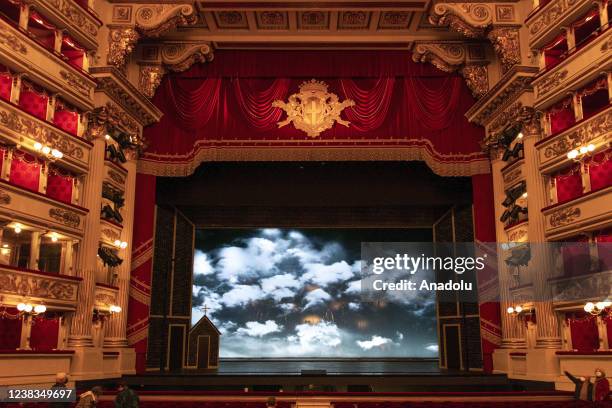 Main stage and side balconies over the theatre foyer before the rehearsal of the opera at La Scala Theatre of Milano, Italy on February 08, 2022. The...