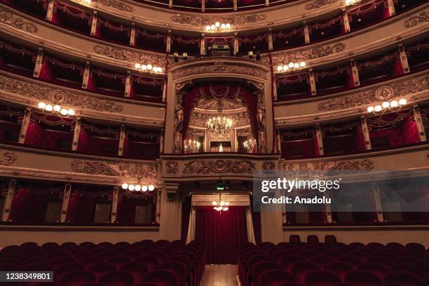 Balconies and the Crown Lodge over the theatre foyer before the rehearsal of the opera at La Scala Theatre of Milano, Italy on February 08, 2022. The...