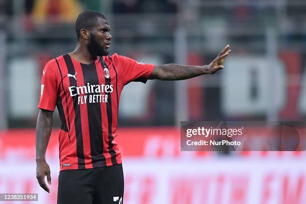 Franck Kessie of AC Milan gestures during the Italian Cup match between AC Milan and SS Lazio at Stadio Giuseppe Meazza, Milan, Italy on 9 February...