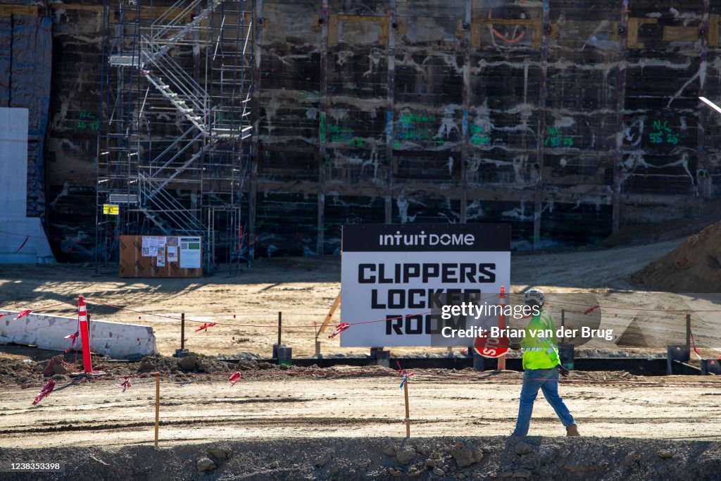 Clipper Construction A construction worker at the site of the Intuit Dome, the new home of ...