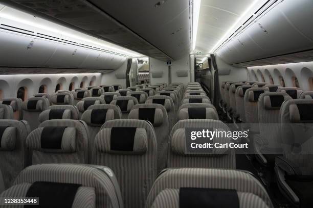 Seats inside the cabin of a Japan Airlines flight from Beijing to Tokyo that carried two people, including the photographer, on February 10, 2022 in...