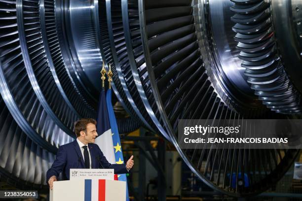French President Emmanuel Macron delivers a speech at the GE Steam Power System main production site for its nuclear turbine systems in Belfort,...