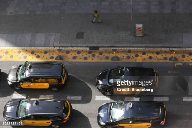 Taxi drivers protest against the use of Uber Inc. And Cabify ride-hailing apps in Barcelona, Spain, on Thursday, Feb. 10, 2022. Uber returned to the...