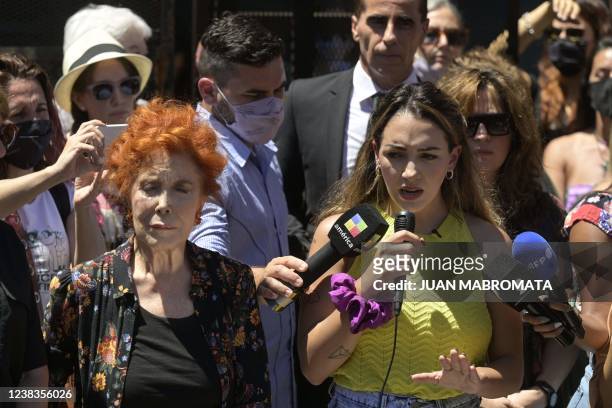 Argentine actress Thelma Fardin speaks to the press next to actress Mirta Busnelli during a protest outside the Brazilian consulate in Buenos Aires...