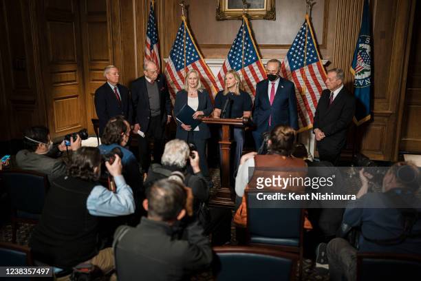 Former Fox News anchor Gretchen Carlson, center, flanked by Sen. Lindsey Graham Sen. Chuck Grassley , Sen. Kirsten Gillibrand , Senate Majority...