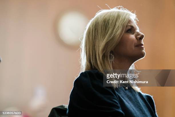 Former Fox News anchor Gretchen Carlson listens during a news conference following the passage of the Ending Forced Arbitration of Sexual Assault and...
