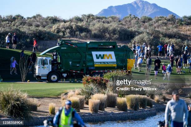 Large Waste Management truck sits near the 18th tee during the first round of the WM Phoenix Open at TPC Scottsdale on February 10, 2022 in...