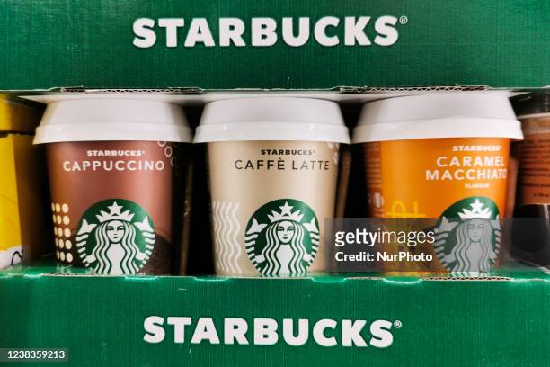 Starbucks ice coffee cups are seen in a shop in Krakow, Poland on February 9, 2022.