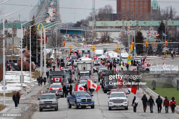 February 10: Protestors and supporters set up at a blockade at the foot of the Ambassador Bridge, sealing off the flow of commercial traffic over the...