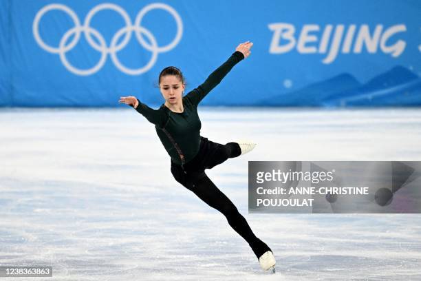 Russia's Kamila Valieva attends a training session on February 11, 2022 prior the Figure Skating Event at the Beijing 2022 Olympic Games.