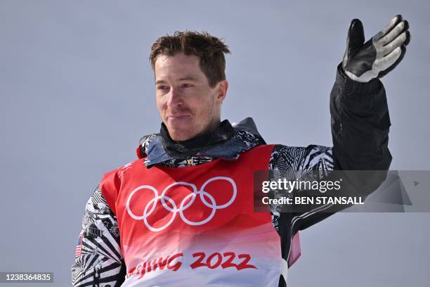 S Shaun White gestures after his run in the snowboard men's halfpipe final run during the Beijing 2022 Winter Olympic Games at the Genting Snow Park...