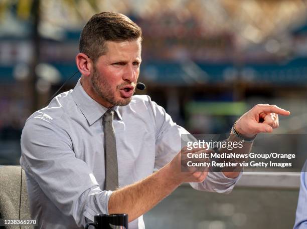 Host Dan Orlovsky makes a point during an ESPN Super Bowl preview show broadcast from Disney California Adventure in Anaheim on Thursday, February...