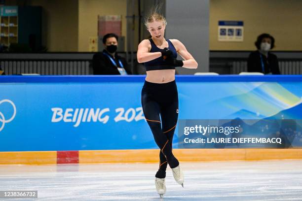 Dutch figure skater Lindsay Van Zundert pictured in action during a training session during the Beijing 2022 Winter Olympics in Beijing, China,...