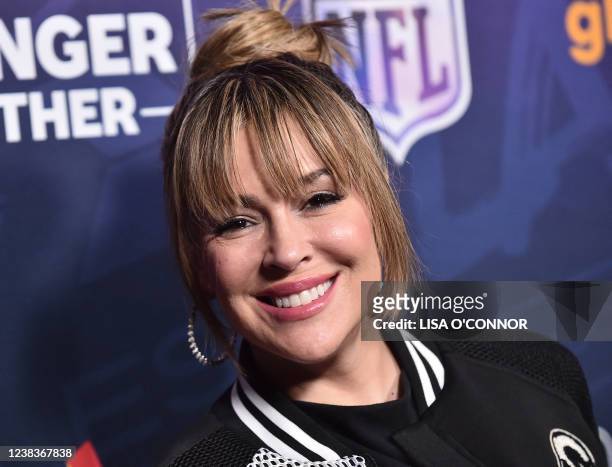 Actress Alyssa Milano arrives for A Night of Pride with GLAAD and NFL in Los Angeles, California, on February 10, 2022.