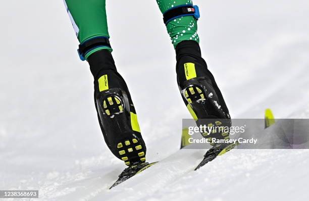 Zhangjiakou , China - 11 February 2022; A detailed view of the ski boots worn by Thomas Maloney Westgaard of Ireland during the Men's 15km Classic...