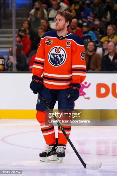 Connor McDavid Edmonton Oilers forward waits to be introduced during the NHL All-Star Skills Competition Presented by DraftKings Sportsbook as part...